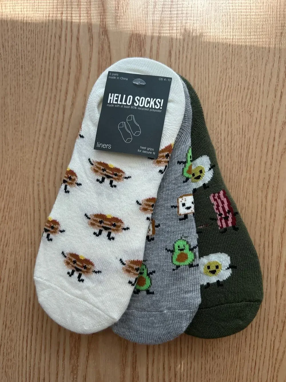 New Womens 3 Pairs Bacon Hello Socks! No show liner socks w/Heel Grip O/S 4-10